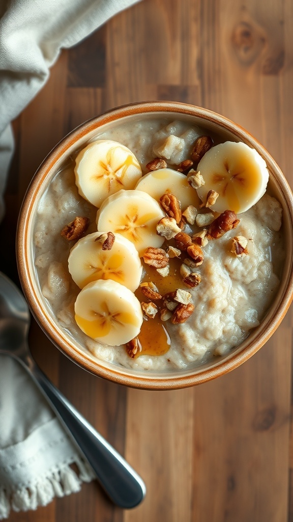 A bowl of oatmeal topped with bananas and nuts on a wooden table.